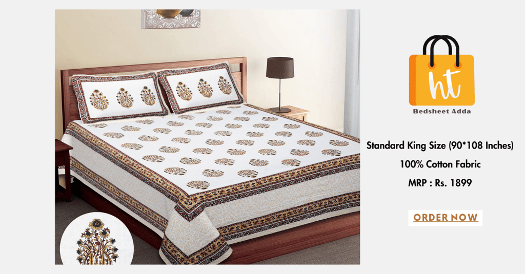 3001-Hometrade India-Standard King Size (90*108 Inches)-Pure Cotton Jaipuri Double Bedsheet With Matching Pillow Cover