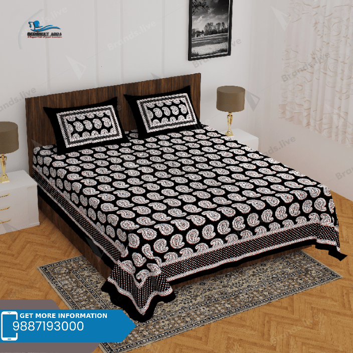 3001-Hometrade India-Standard King Size (90*108 Inches)-Pure Cotton Jaipuri Double Bedsheet With Matching Pillow Cover