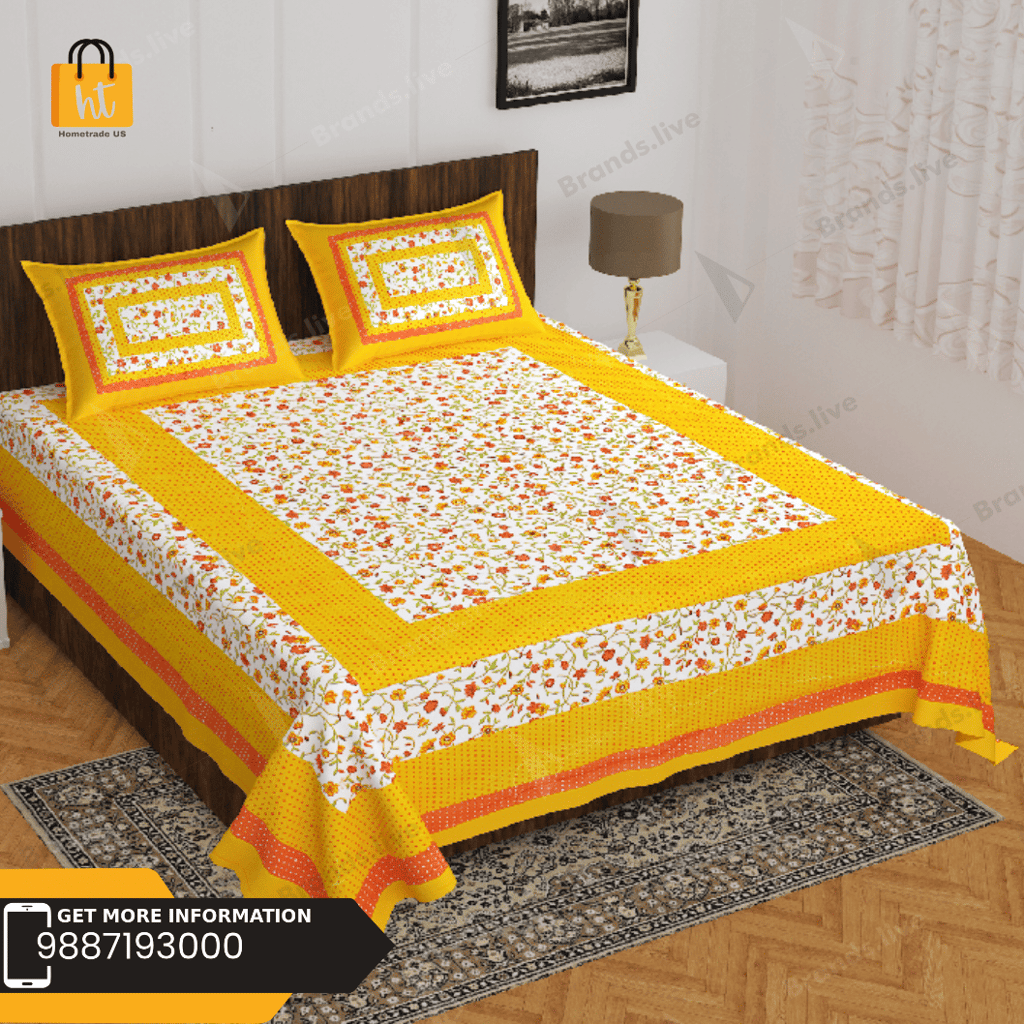3001-Hometrade India-Standard King Size (90*108 Inches)-Pure Cotton Jaipuri Double Bedsheet With Matching Pillow Cover
