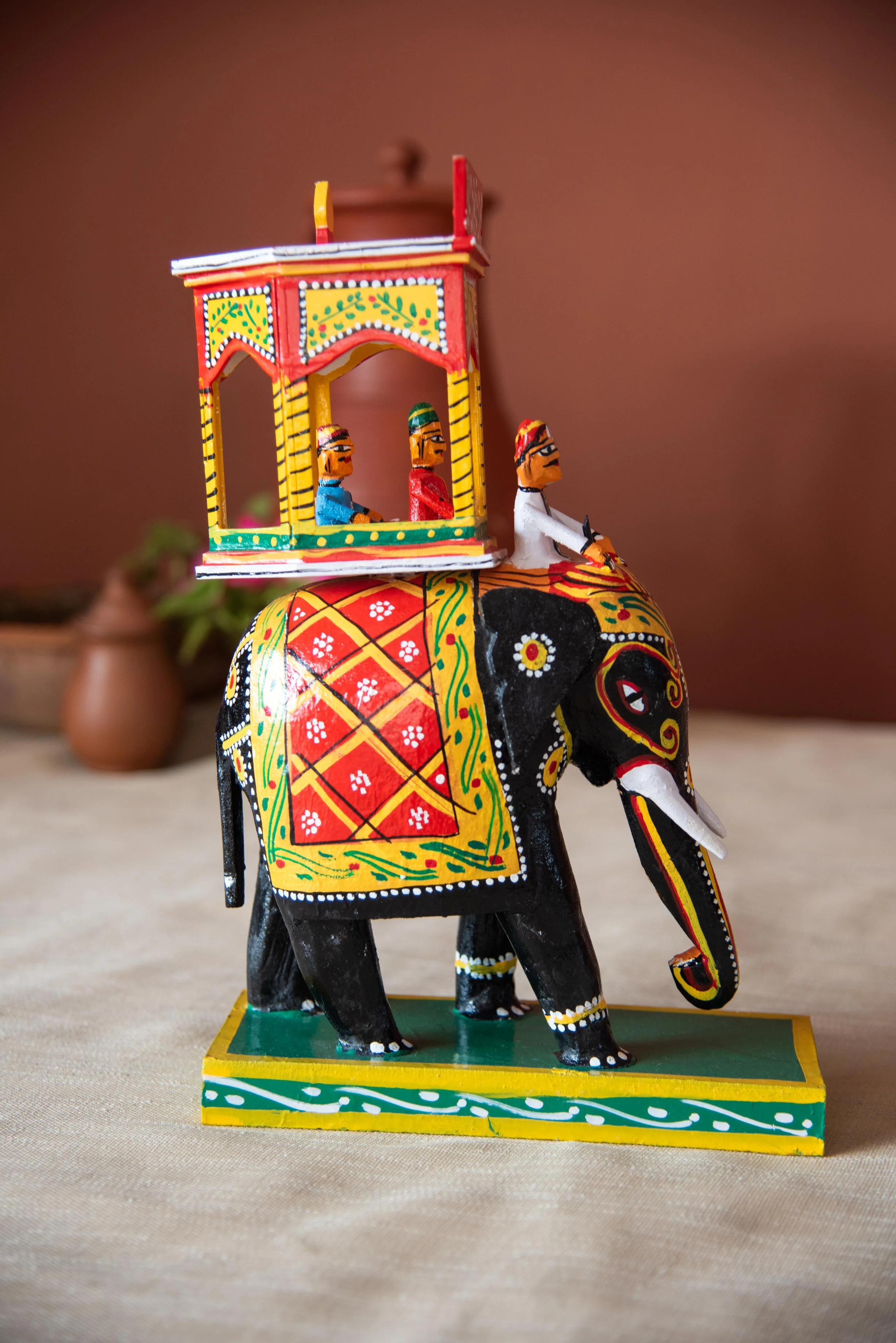  Hand-Painted Wooden Elephant with Howdah