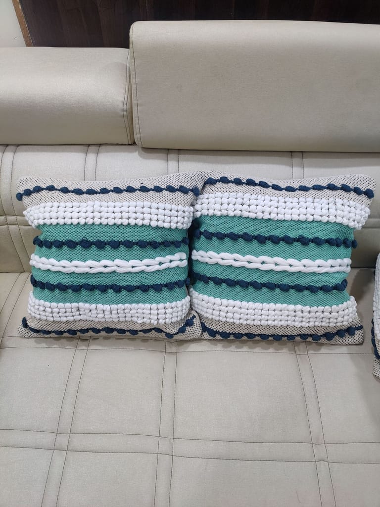 BulkySanta handtufted Cotton Cushion Covers for Sofa, 16 in x 16 in (2, Blue Green)