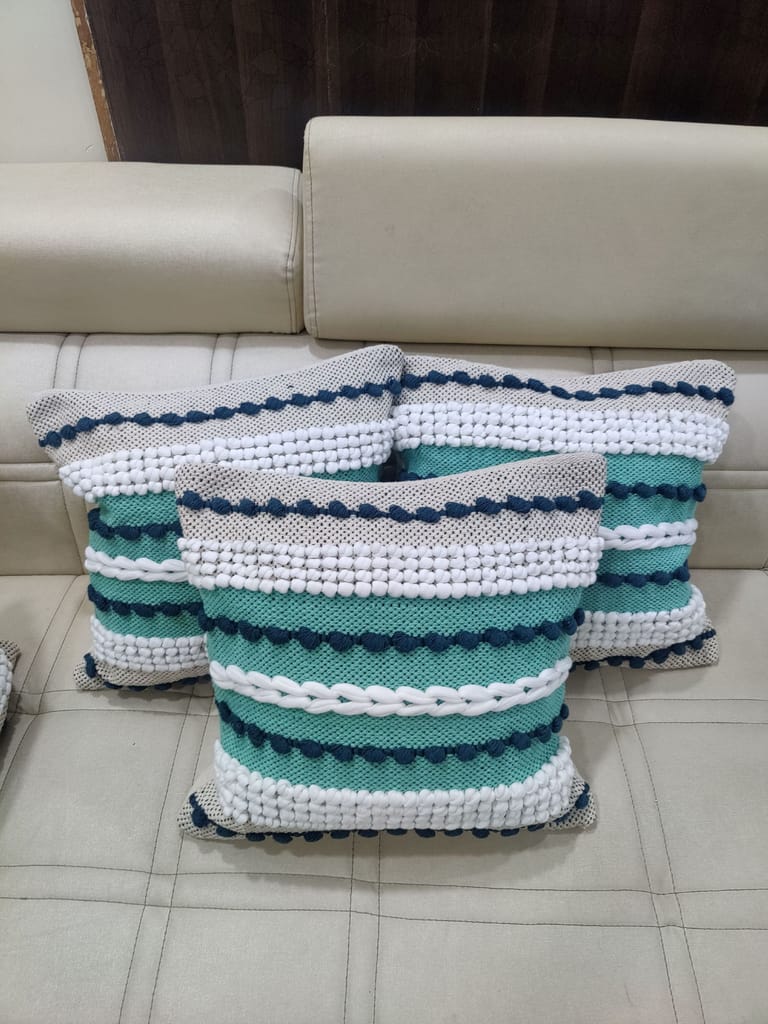 BulkySanta handtufted Cotton Cushion Covers for Sofa, 16 in x 16 in (2, Blue Green)