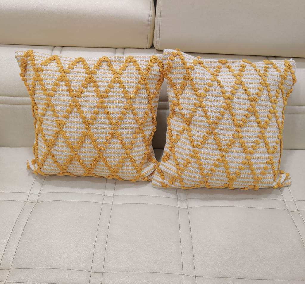 BulkySanta handtufted Cotton Cushion Covers for Sofa, 16 in x 16 in (Diamond Yellow)