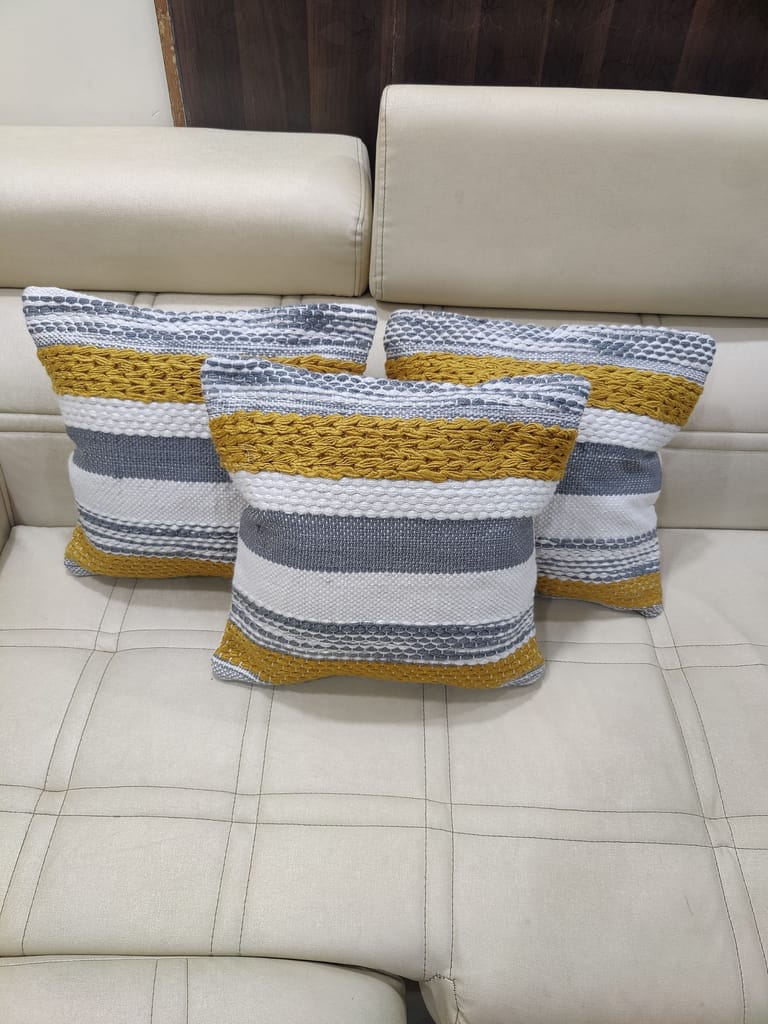 BulkySanta handtufted Cotton Cushion Covers for Sofa, 16 in x 16 in (2, Grey Yellow White)