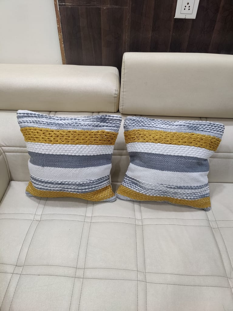 BulkySanta handtufted Cotton Cushion Covers for Sofa, 16 in x 16 in (2, Grey Yellow White)