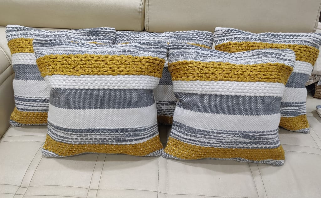 BulkySanta handtufted Cotton Cushion Covers for Sofa, 16 in x 16 in (2, Grey Yellow White)