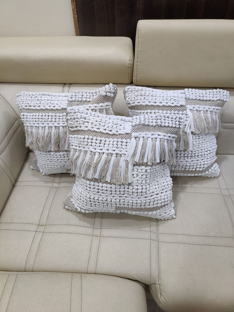 BulkySanta handtufted Cotton Cushion Covers for Sofa, 16 in x 16 in (2, Heavy Knotted (White Grey))