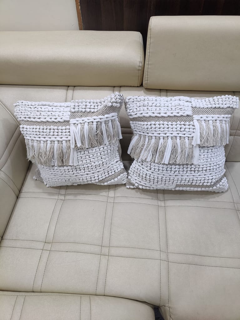 BulkySanta handtufted Cotton Cushion Covers for Sofa, 16 in x 16 in (2, Heavy Knotted (White Grey))