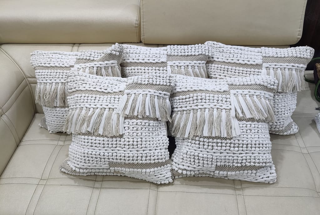 BulkySanta handtufted Cotton Cushion Covers for Sofa, 16 in x 16 in (2, Heavy Knotted (White Grey))