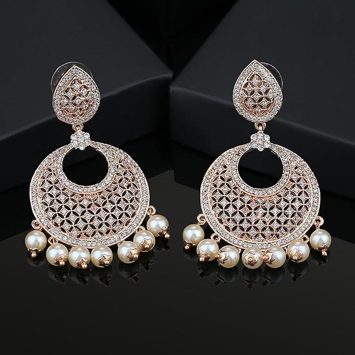 "Stunning Cubic Zirconia and Pearl Drop Earrings in Rose Gold Plating"