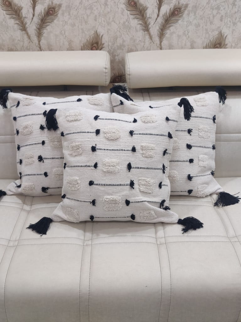 BulkySanta handtufted Cotton Cushion Covers for Sofa, 16 in x 16 in (White Black Stitch)