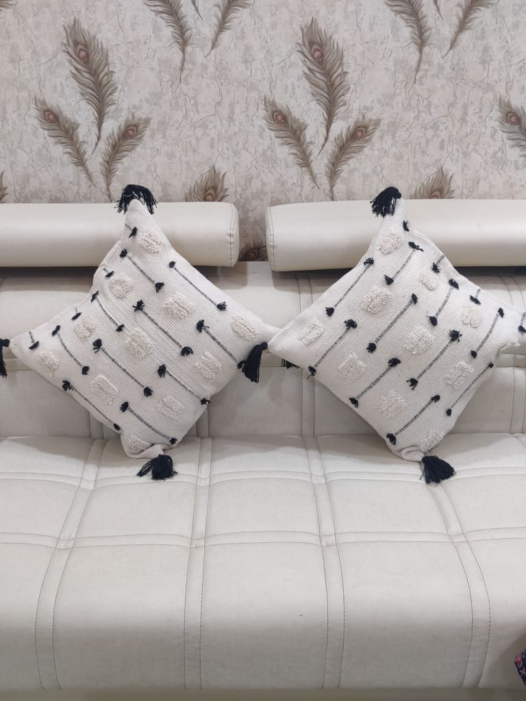 BulkySanta handtufted Cotton Cushion Covers for Sofa, 16 in x 16 in (White Black Stitch)