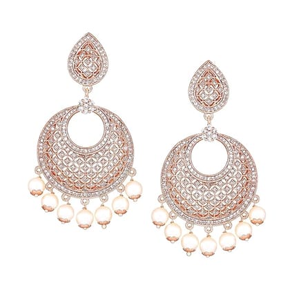 Stunning Chandbali Earrings with Pearls and Cubic Zirconia in Rose Gold Plating