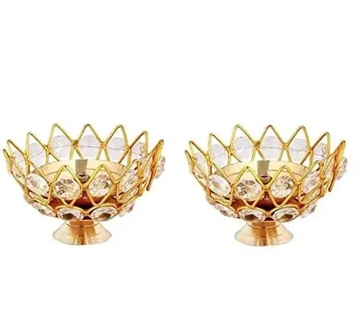 Affordable Home - - and - - Decor Brass with Crystal Lotus Diya for Home and Diwali Decoration C