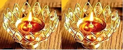 Affordable Home - - and - - Decor Brass with Crystal Lotus Diya for Home and Diwali Decoration C