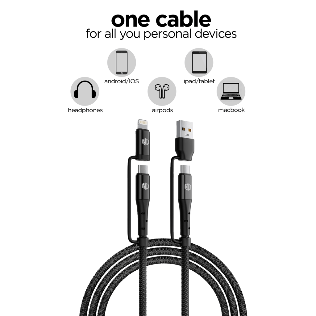 Blaze Quad 100W 4 in 1 Cable (USB-A to Type-C to Type-C to Type-L)