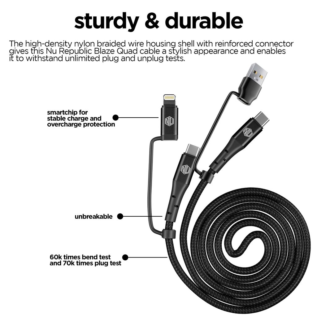Blaze Quad 100W 4 in 1 Cable (USB-A to Type-C to Type-C to Type-L)