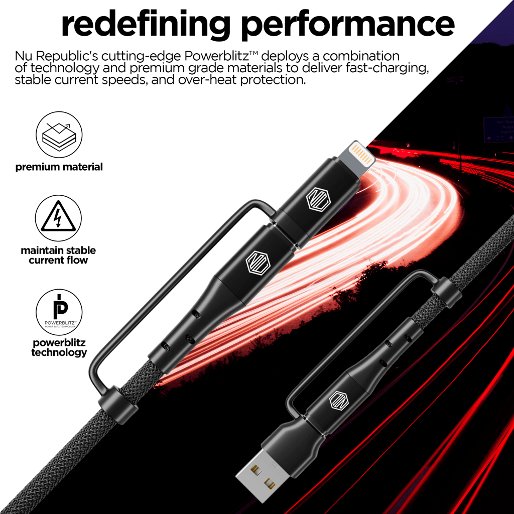 Blaze Quad 100W 4 in 1 Cable (USB-A to Type-C to Type-C to Type-L)