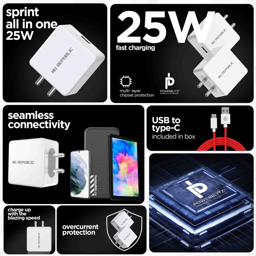 Sprint All In One 25W 5A Fast Charging Adapter with Cable (USB To Type-C)