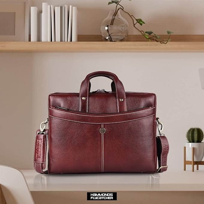 Genuine Leather Briefcase for Men with 8 Compartments, Laptop Slot, and Phone Pocket