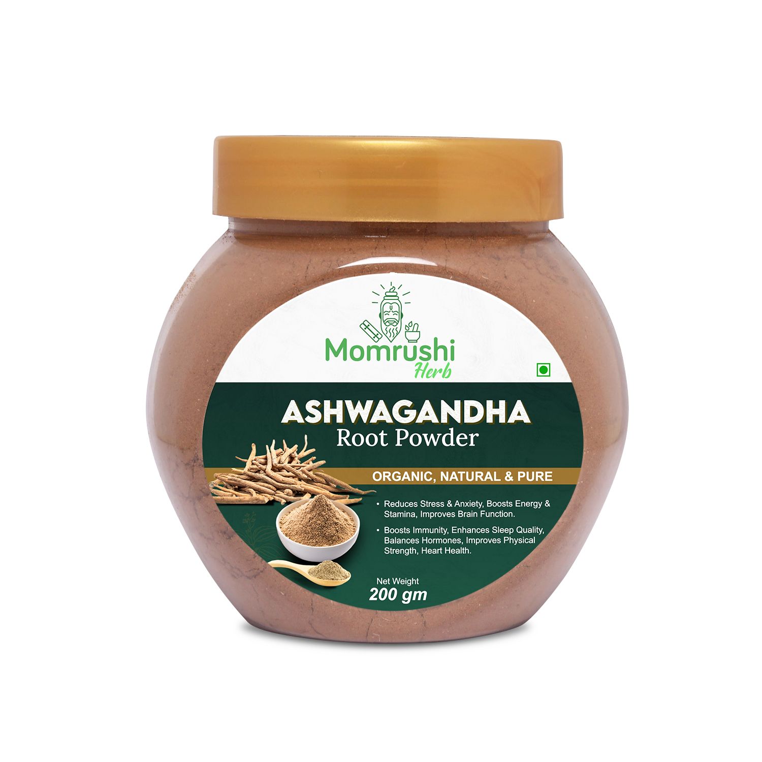 Momrushi Herb Organic Ashwagandha Root Powder - 200gm - Reduces Stress & Anxiety, Boosts Energy & Stamina, Improves Brain Function, Boosts Immunity, Enhances Sleep Quality, Balances Hormones, Improves Physical Strength, Heart Health (200gm)