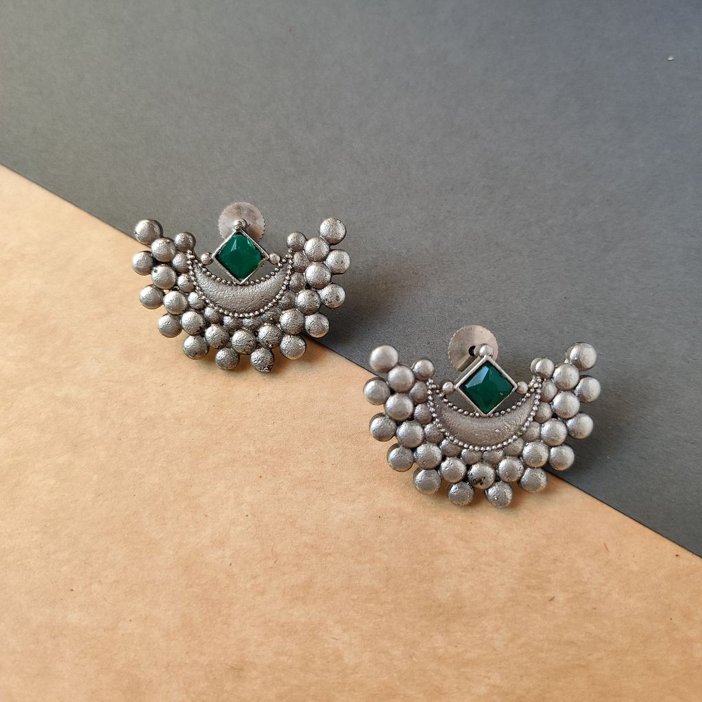 Sophisticated Women Antique Silver Look Alike Oxidised Brass Made Half Moon Stud Earrings For Wo