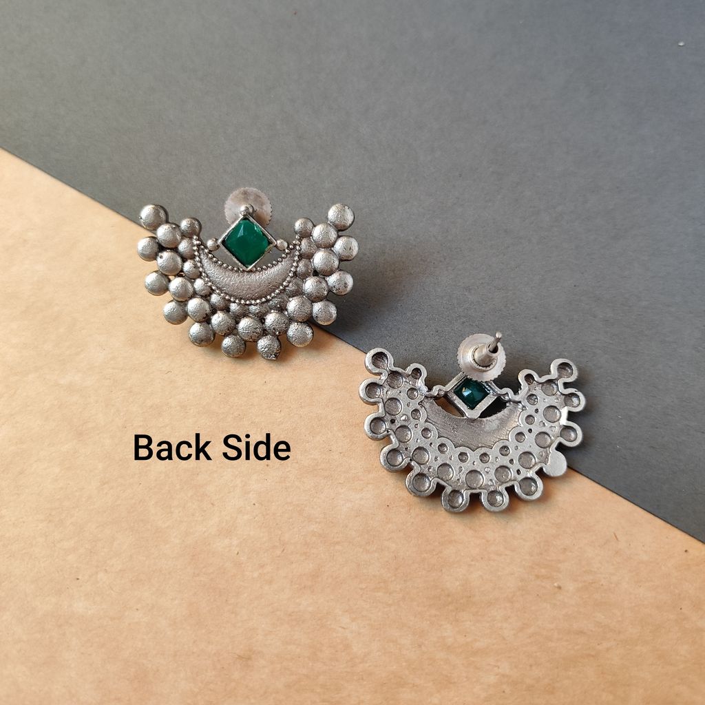 Sophisticated Women Antique Silver Look Alike Oxidised Brass Made Half Moon Stud Earrings For Wo