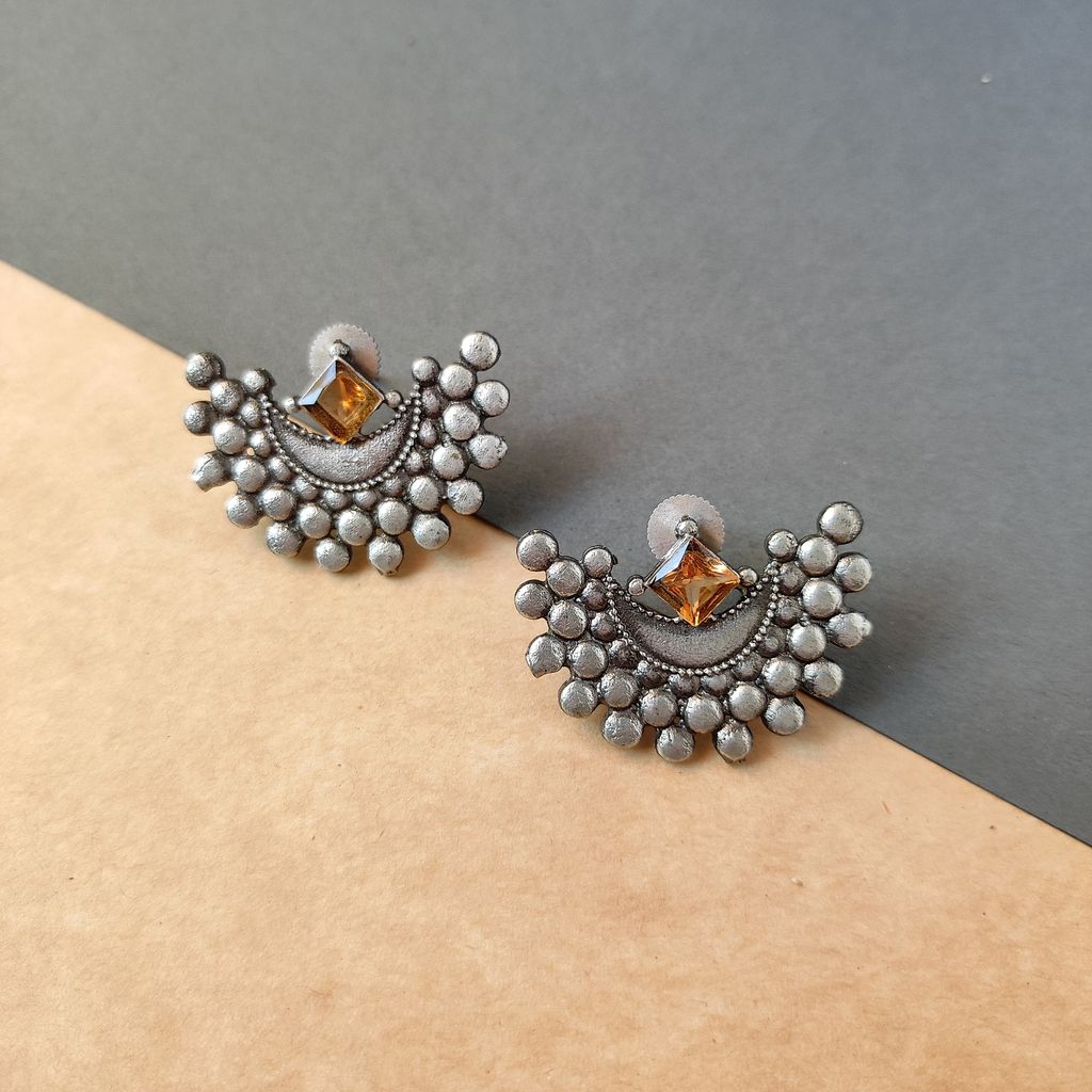 Sophisticated Women Antique Silver Look Alike Oxidised Brass Made Half Moon Stud Earrings For Wo