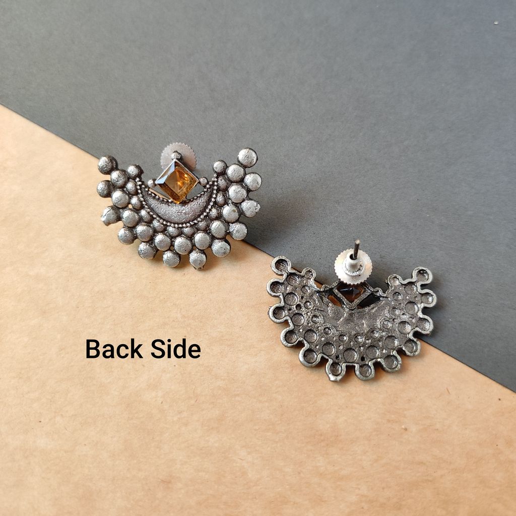 Sophisticated Women Antique Silver Look Alike Oxidised Brass Made Half Moon Stud Earrings For Wo