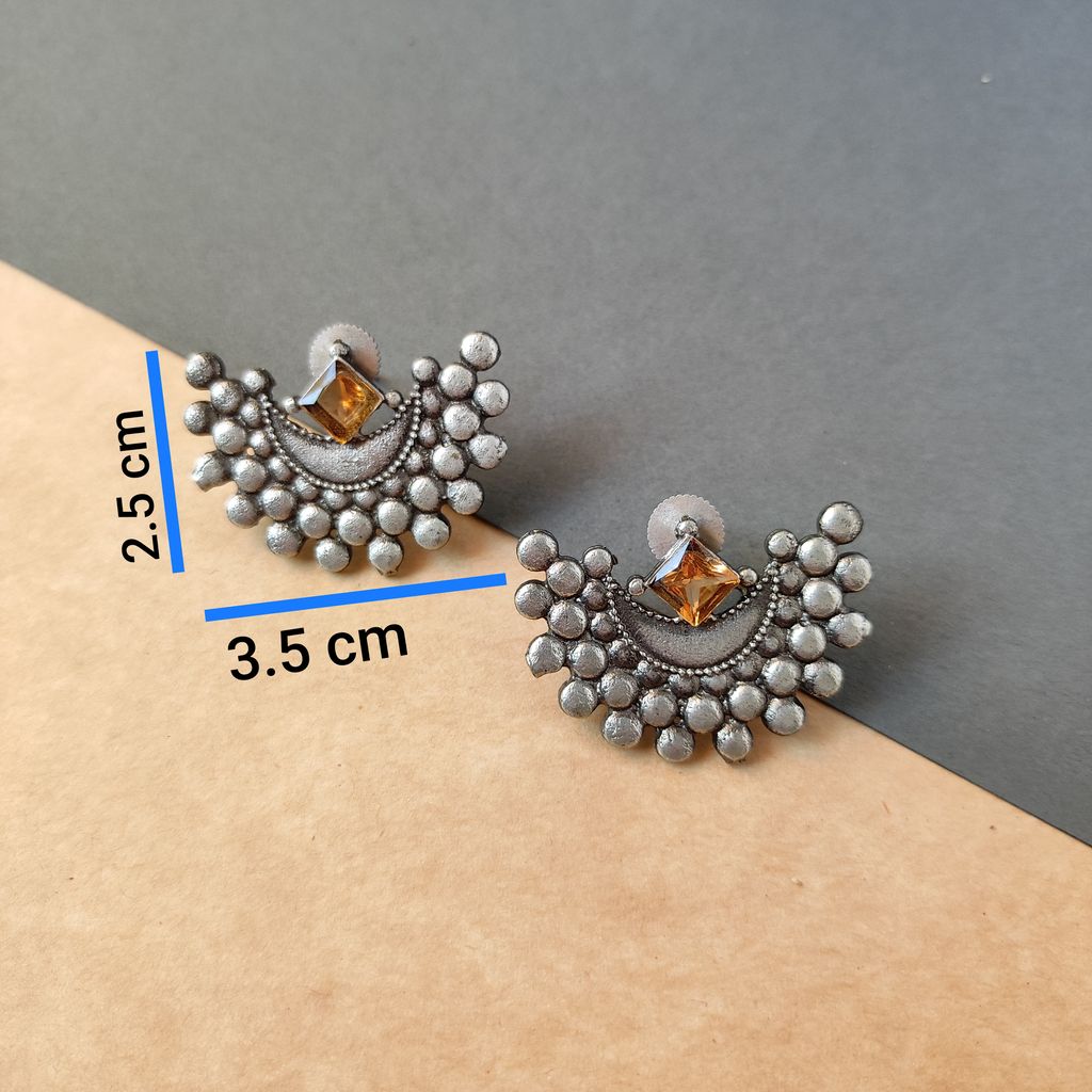 Sophisticated Women Antique Silver Look Alike Oxidised Brass Made Half Moon Stud Earrings For Wo