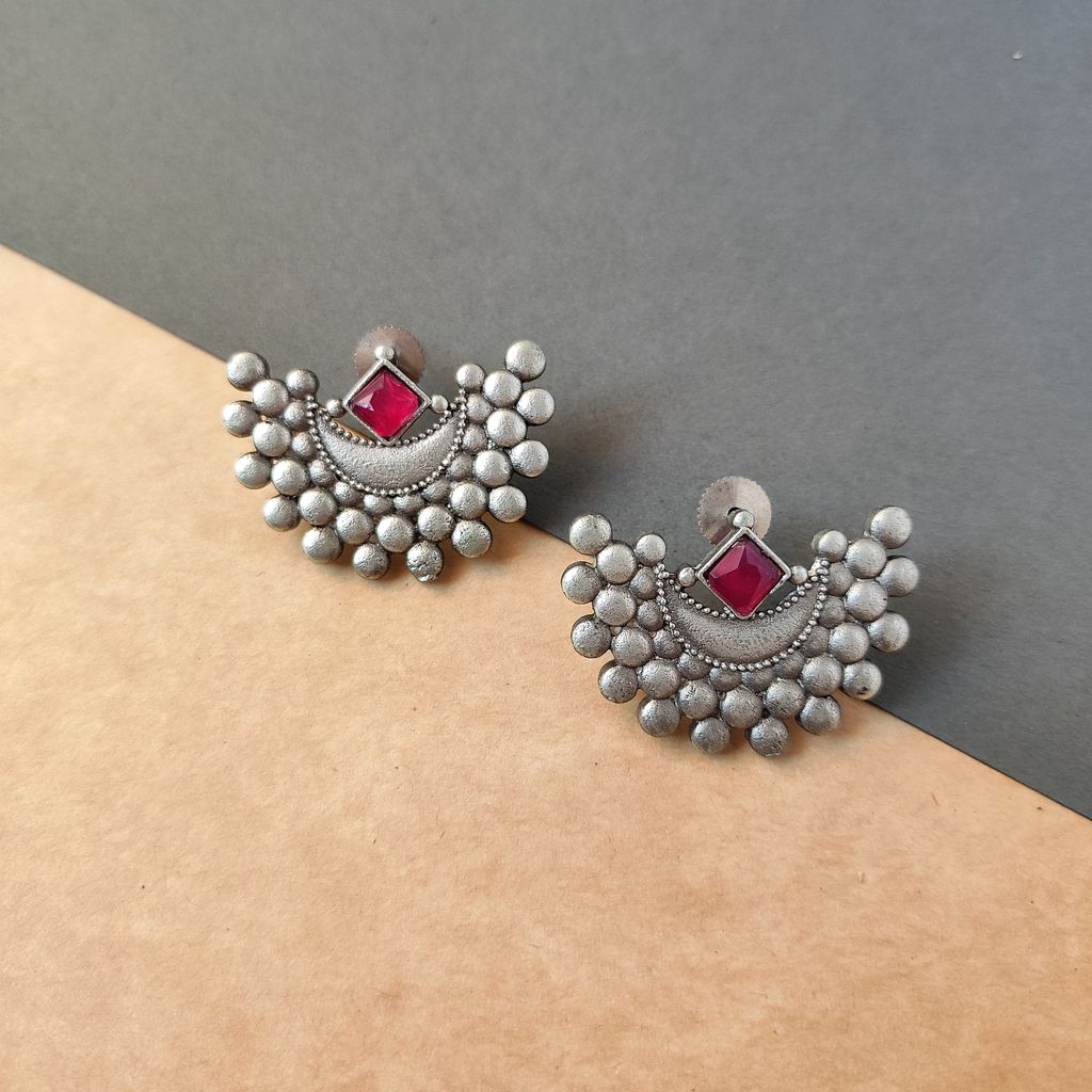 Sophisticated Women Antique Silver Look Alike Oxidised Brass Made Half Moon Stud Earrings For Wo