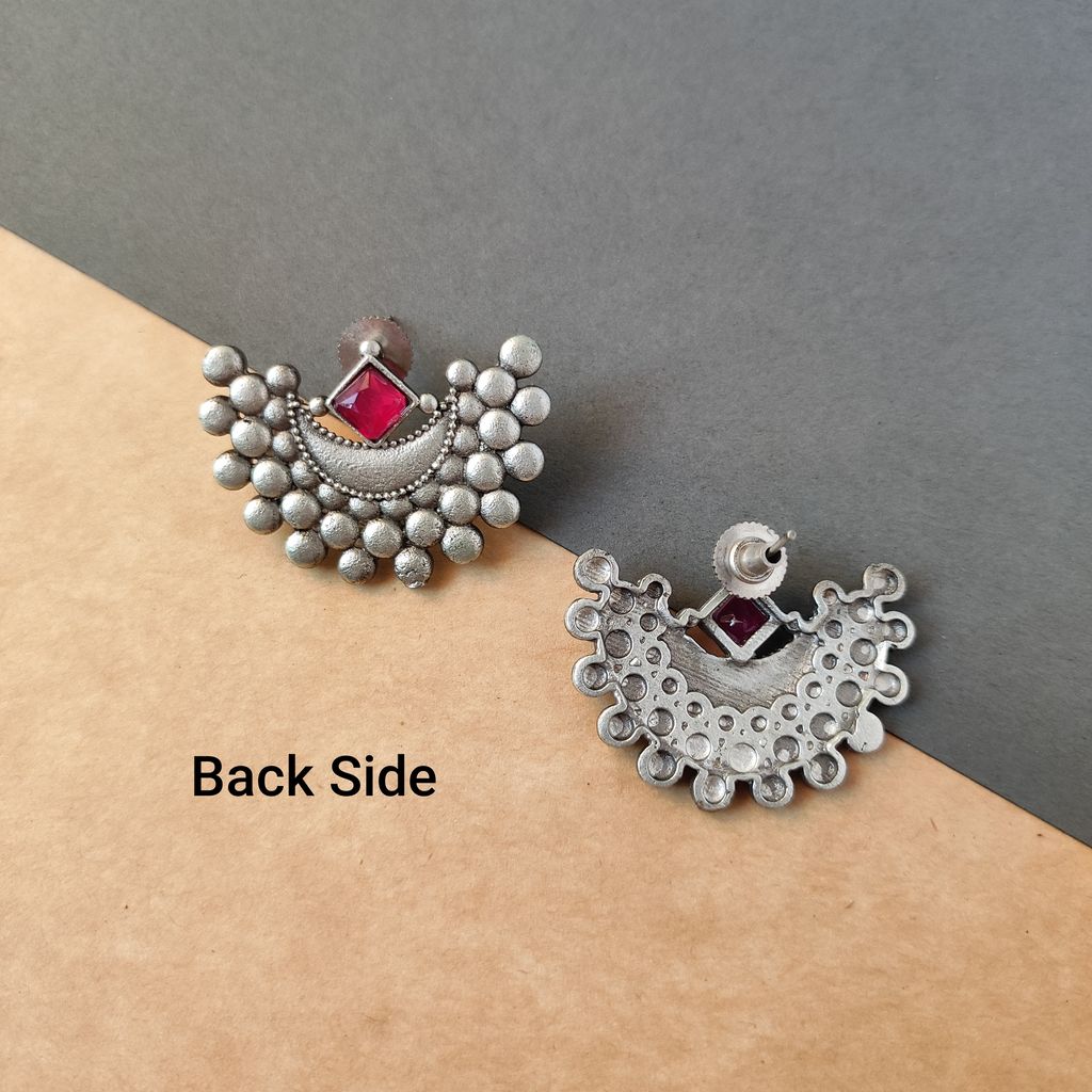 Sophisticated Women Antique Silver Look Alike Oxidised Brass Made Half Moon Stud Earrings For Wo