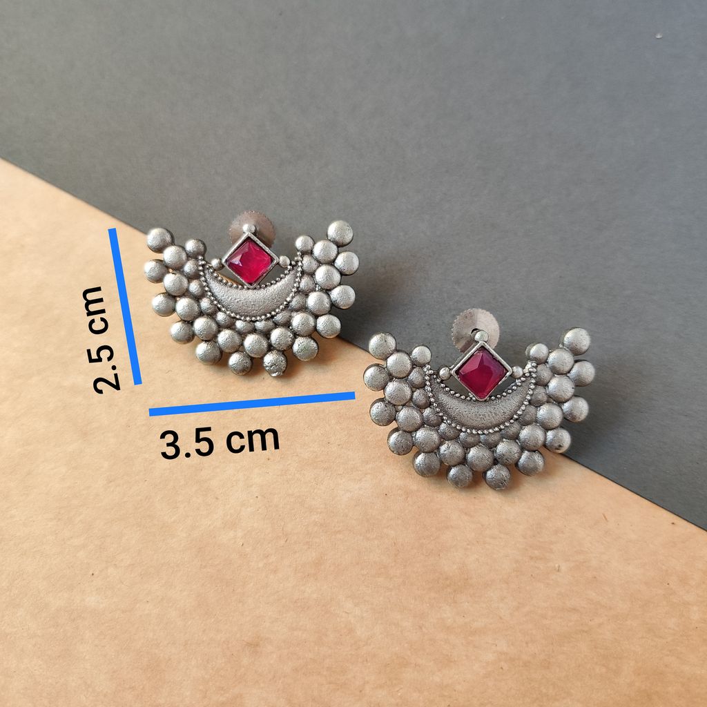 Sophisticated Women Antique Silver Look Alike Oxidised Brass Made Half Moon Stud Earrings For Wo