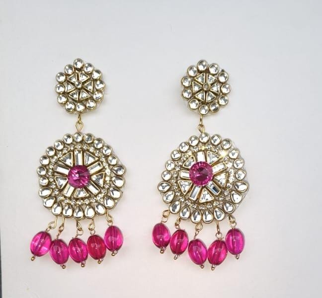 Exquisite Pink Kundan Chandbali Earrings with Beads for Women - Earrings | Buy online on ZillyBuy