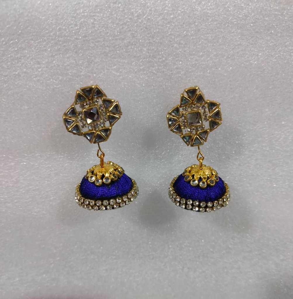 Blue Silk Thread Jhumka Earrings with Rhinestones - Earrings | Buy online on ZillyBuy