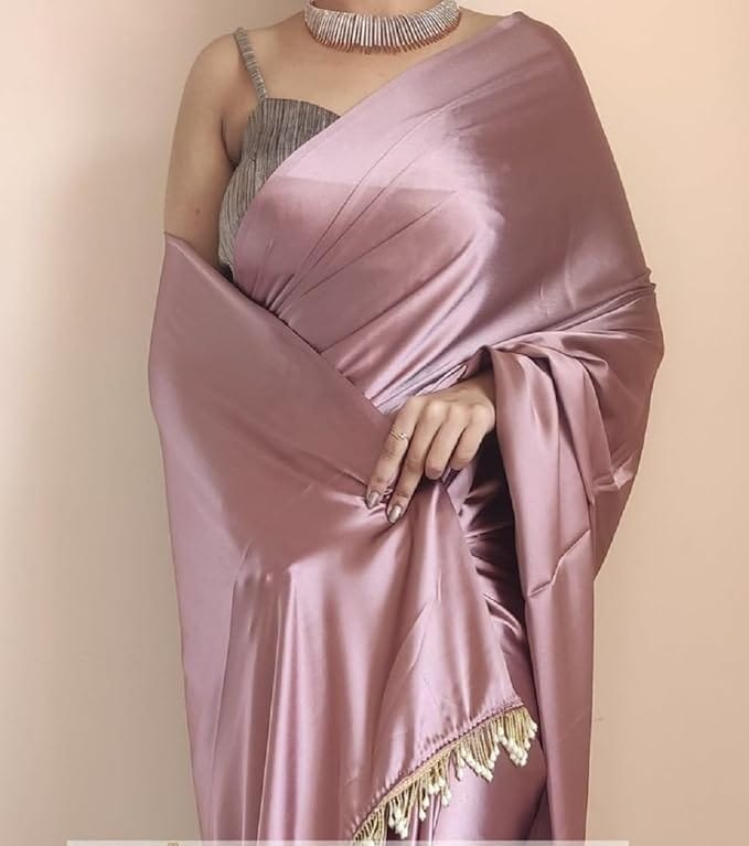 Buy Latest Party Wear Saree Collection Online - Rose Gold Satin Silk Saree With Blouse Piece - Sarees | Buy online on ZillyBuy