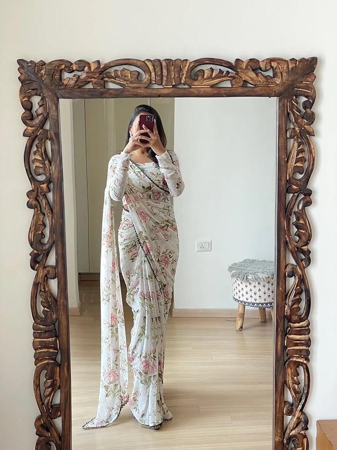 Buy Online White Floral Printed Saree With Blouse - Sarees | Buy online on ZillyBuy