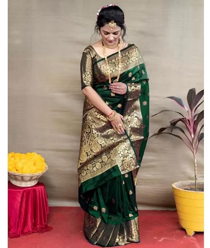 Green Banarasi Silk Saree With Golden Zari Work And Pallu - Sarees | Buy online on ZillyBuy