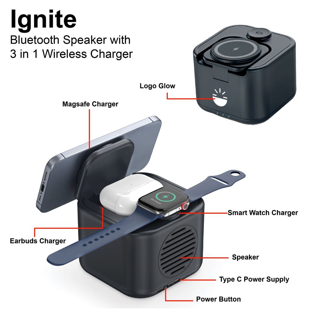 Glow Gadgets Ignite 3 in 1 Wireless Charger & Bluetooth Speaker