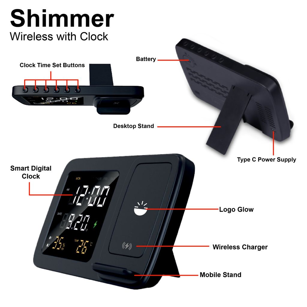 Glow Gadgets Shimmer Wireless charger with clock