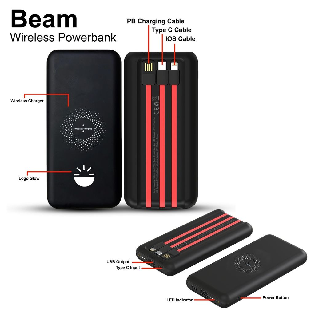 Glow Gadgets Beam 10000 mAh Wireless Powerbank with Inbuilt Cables