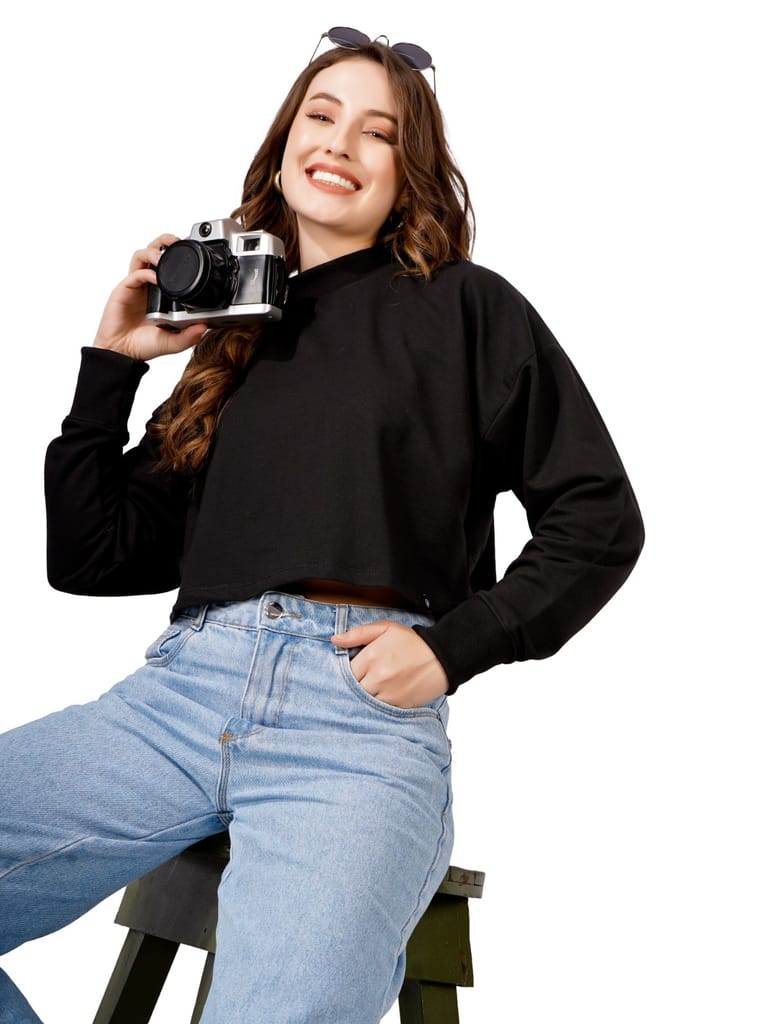 Premium Women Women Full Sleeve Solid Sweatshirt (Black) 2025 at ShopCircuit | ONDC