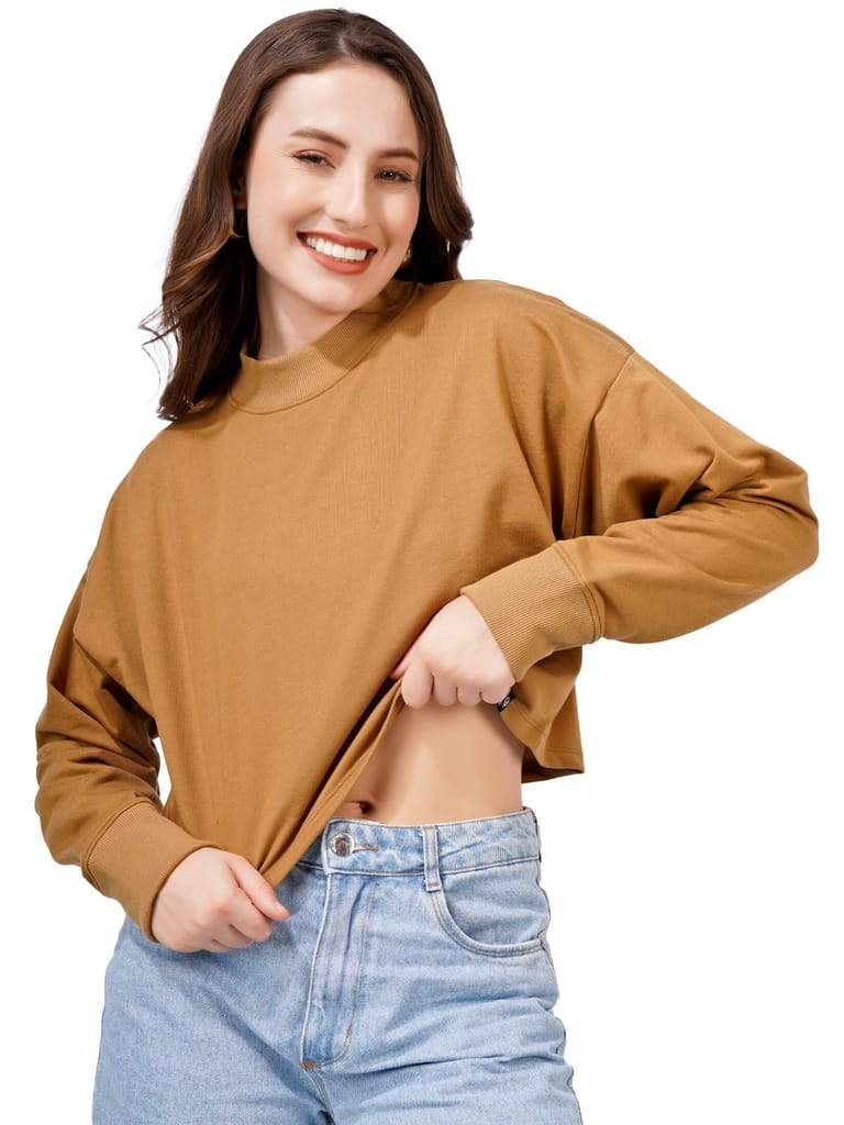 Premium Women Women Full Sleeve Solid Sweatshirt (Camel) 2025 at ShopCircuit | ONDC