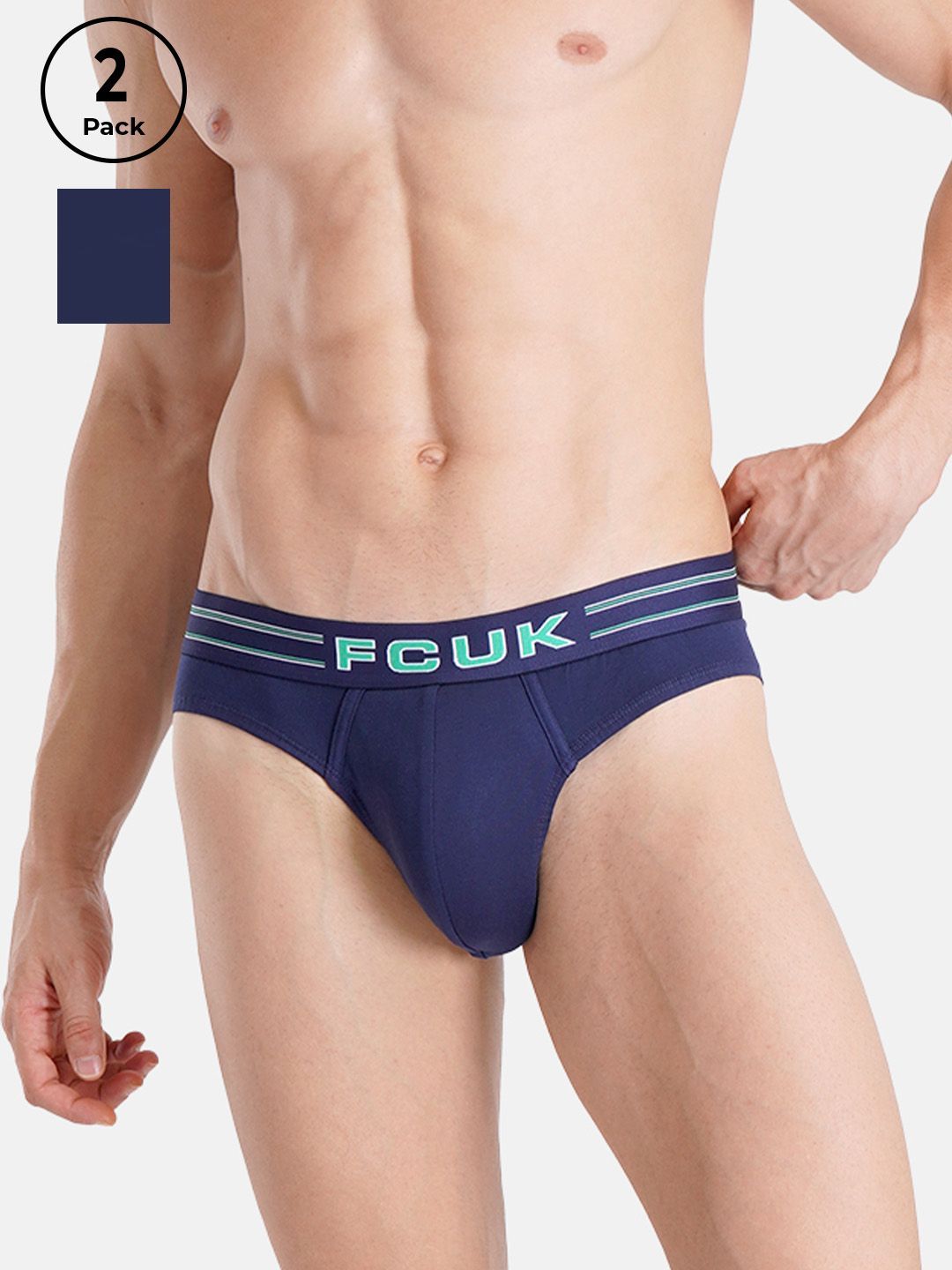 FCUK Flex Galdhawk, Men's Solid Briefs Pack of 2 - Blue