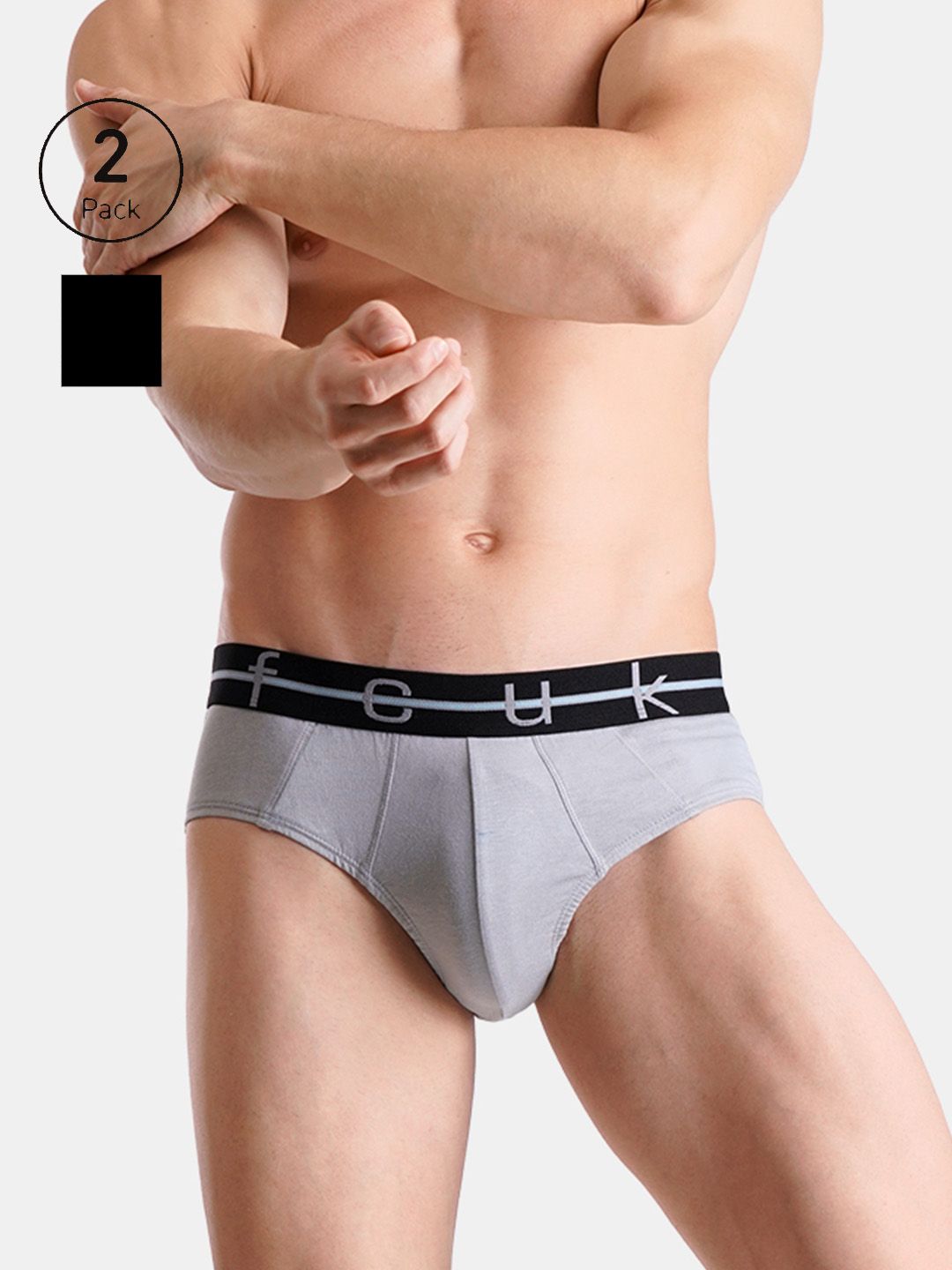 FCUK Play Norwood, Men's Solid Briefs Pack of 2 - Black-Gray