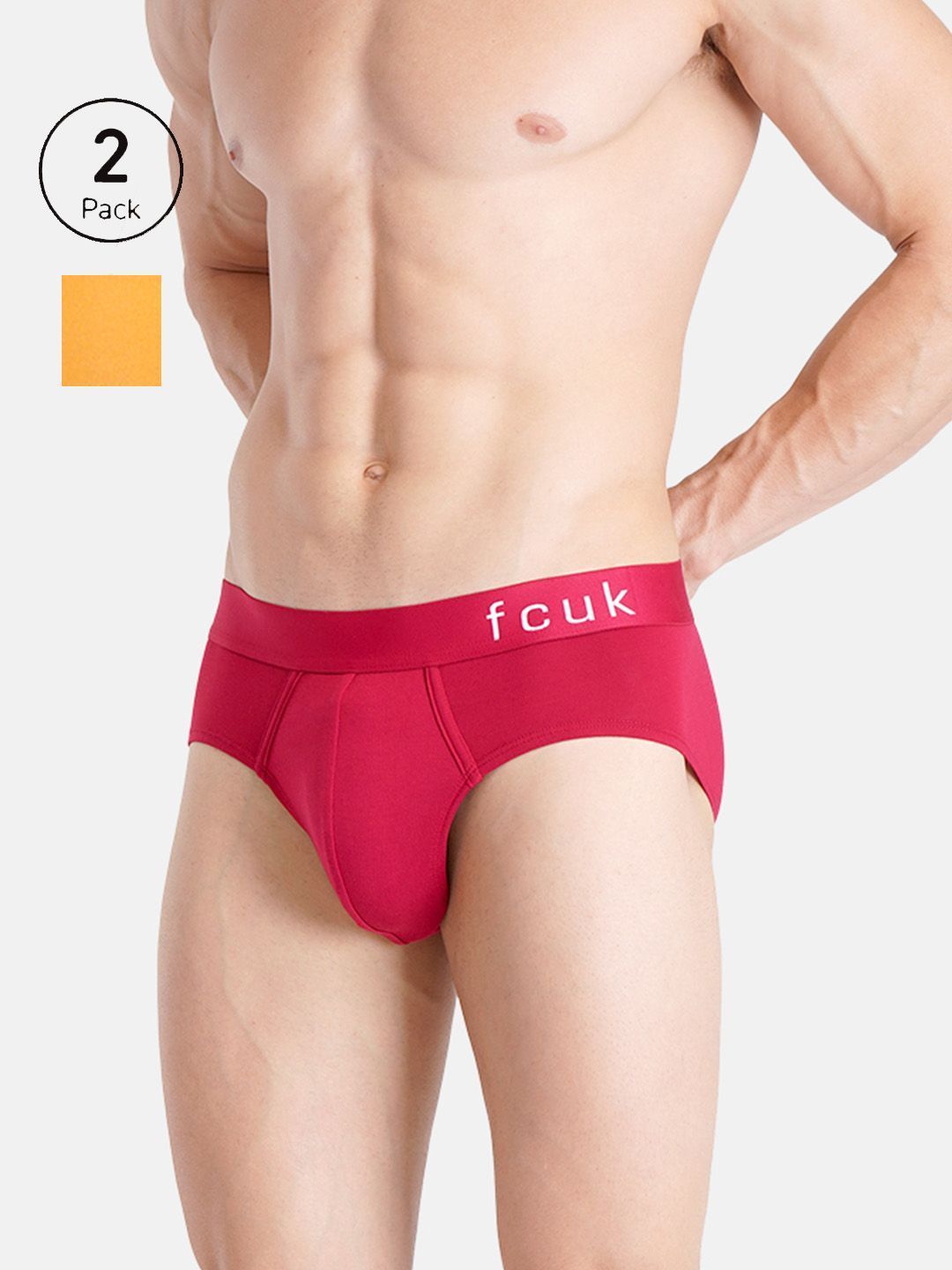 FCUK GLO Park Royal,Men's Solid Briefs Pack of 2-Red-Gold