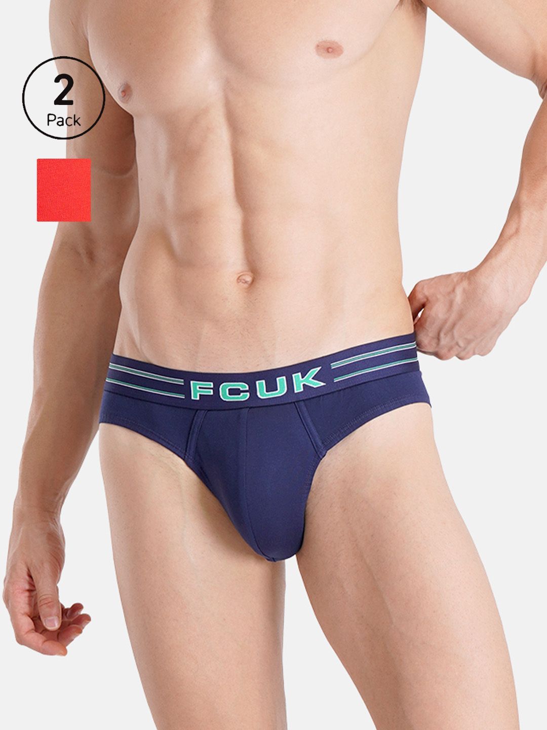 FCUK Flex Galdhawk, Men's Solid Briefs Pack of 2-Blue_Red