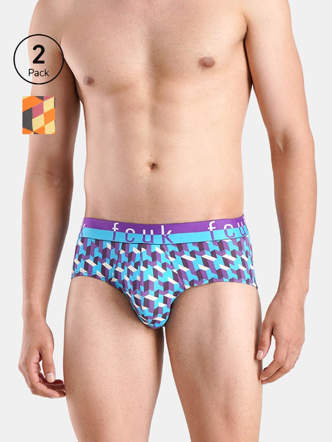 FCUK GLO Dover, Men's Printed Briefs Pack of 2-Purple-Orange