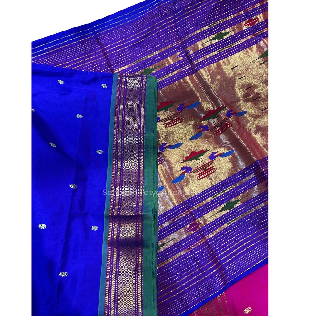 Pure Silk Saree with Blue Base and Intricate Border Design - Sarees | Buy online on ZillyBuy