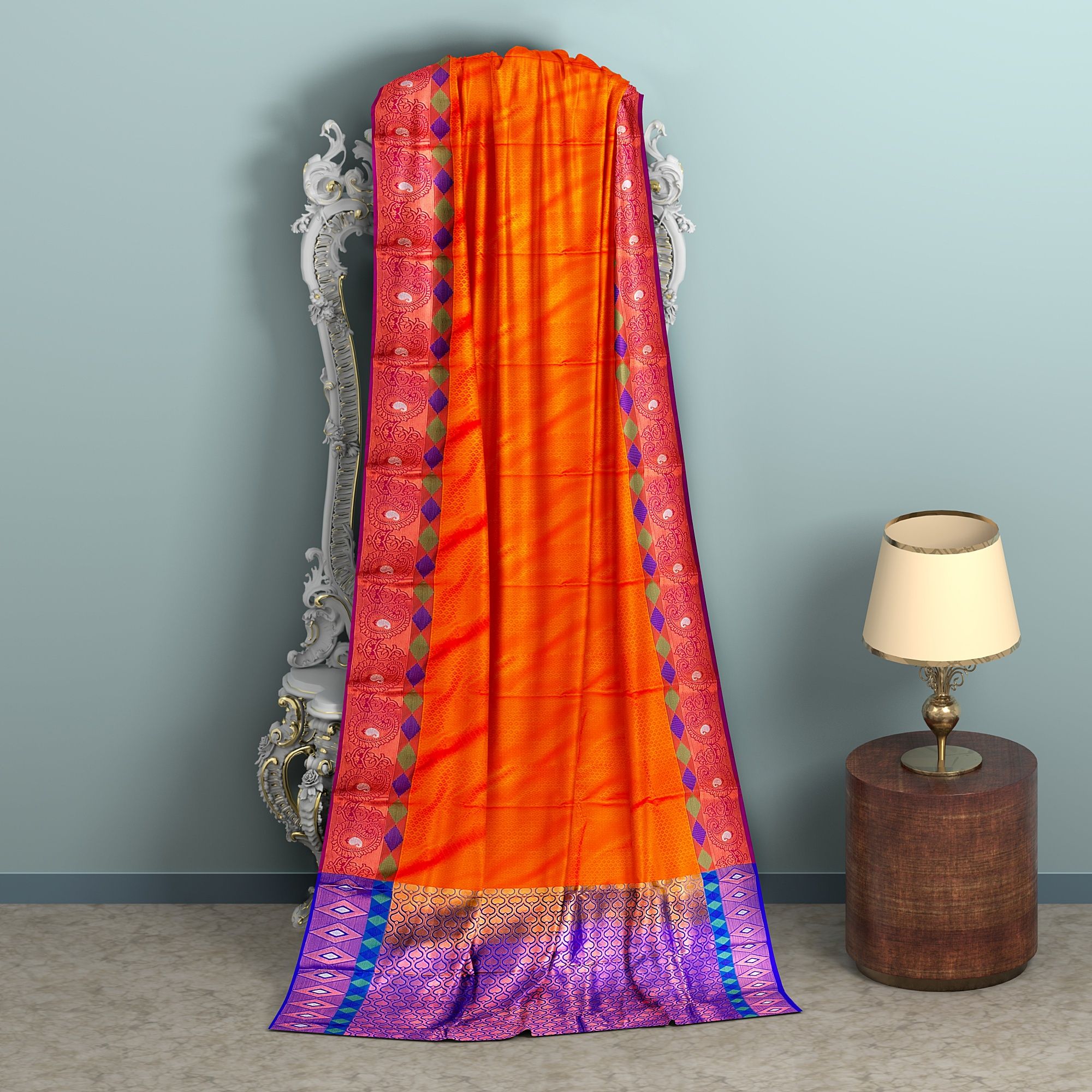 orange and ble semi silk saree with blouse piec